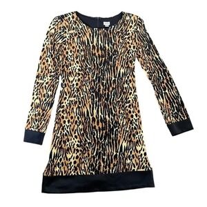 Cache Leopard Print Dress Long Sleeve Black Trim Party Cocktail Size 4